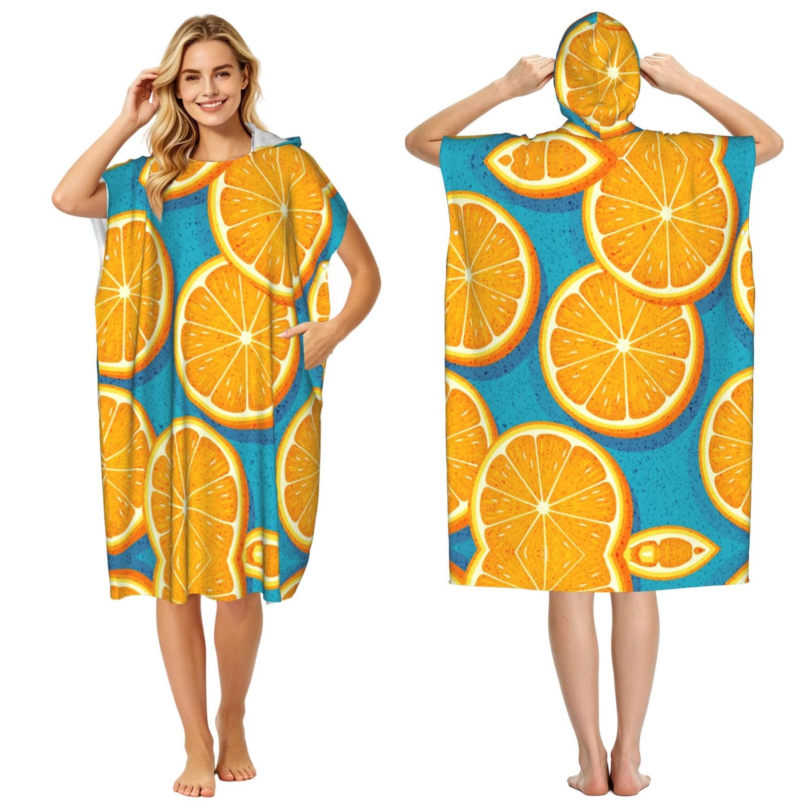 Poncho plage microfibre imprimé orange pour le surf et l'été