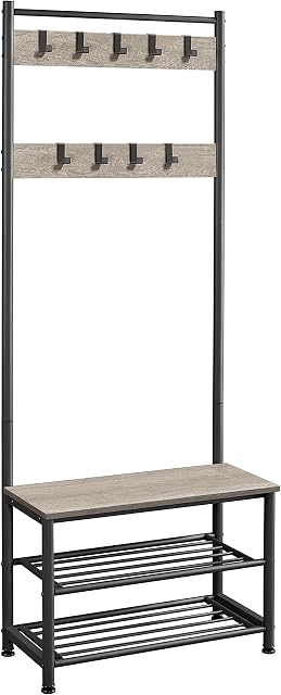 Yaheetech Coat Rack Stand for Hallway, Free Standing Hall Tree with Shoes Storage Bench, 9 Movable Hooks & 2-tier Open Shelves for Bedroom, Living Room & Entryway, 72.5x33x184.5cm, Grey