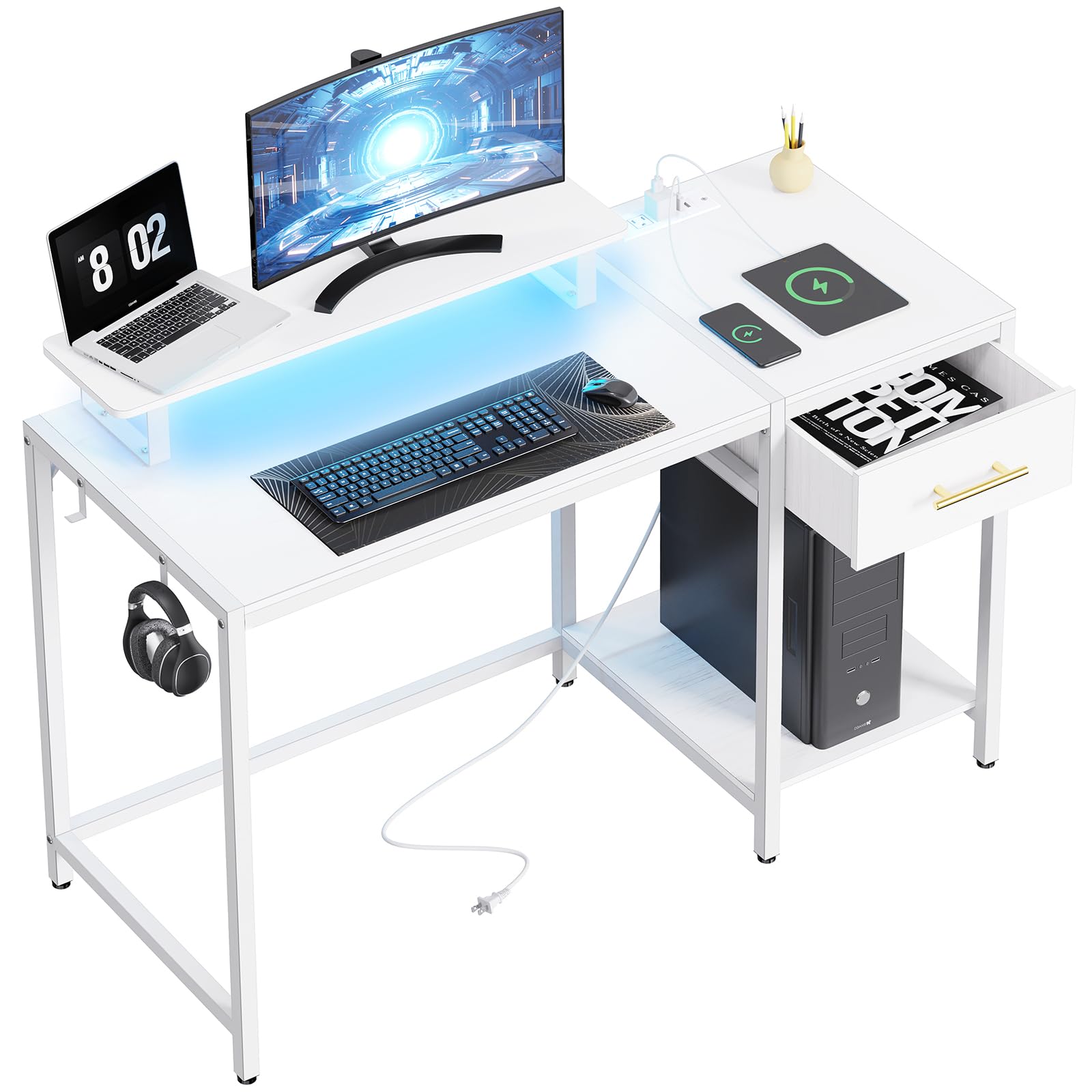 White Computer Desk with Drawers, 47 inch Gaming Desk with LED Lights and Power Outlet, Storage Shelves, Monitor Stand, Work Desk for Home Office,Small Spaces