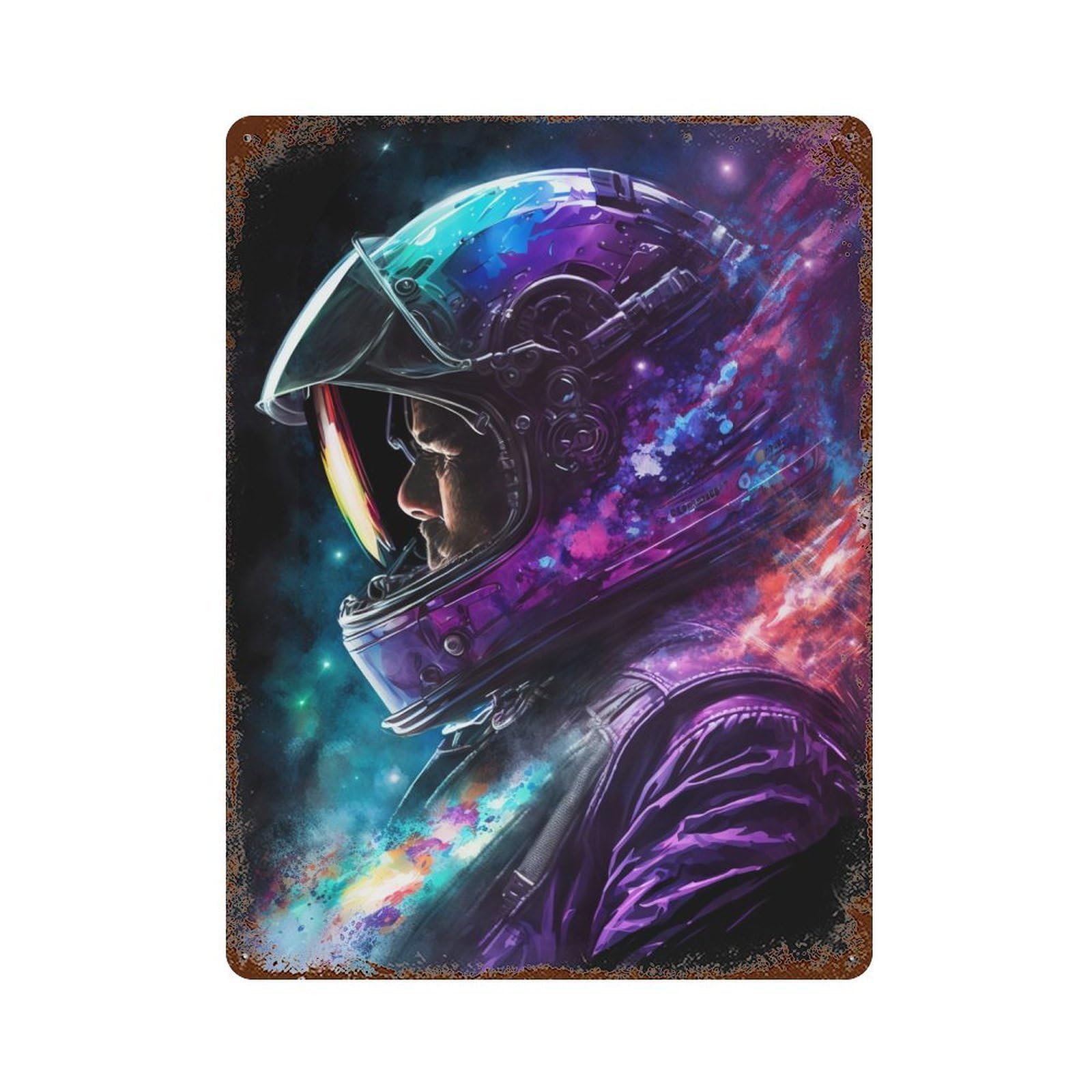 Retro Metal Sign with Cosmic Astronaut Helmet Art Print Design 15.7"x11.8", for Shed, Workshop And Garage Wall Decor, Old School Wall Decor