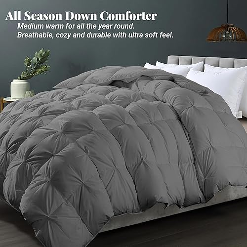 Miniatura 7 de ELNIDO QUEEN Edredón de plumas tamaño Queen, lujoso edredón de cama plisado gris de hotel, ultra suave para todas las estaciones, funda 100%