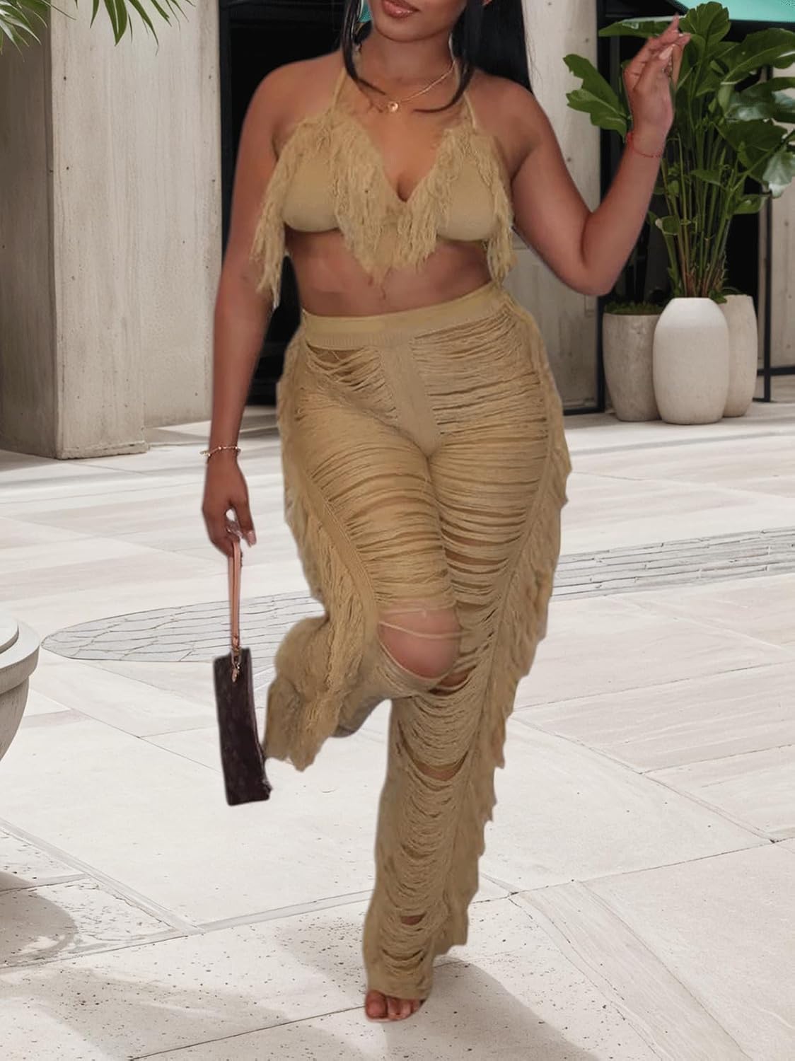 KANSOON Two Piece Sets for Women Sexy Crochet Outfits Halter Top Fringe Pants Summer Party Clubwear - Image 6