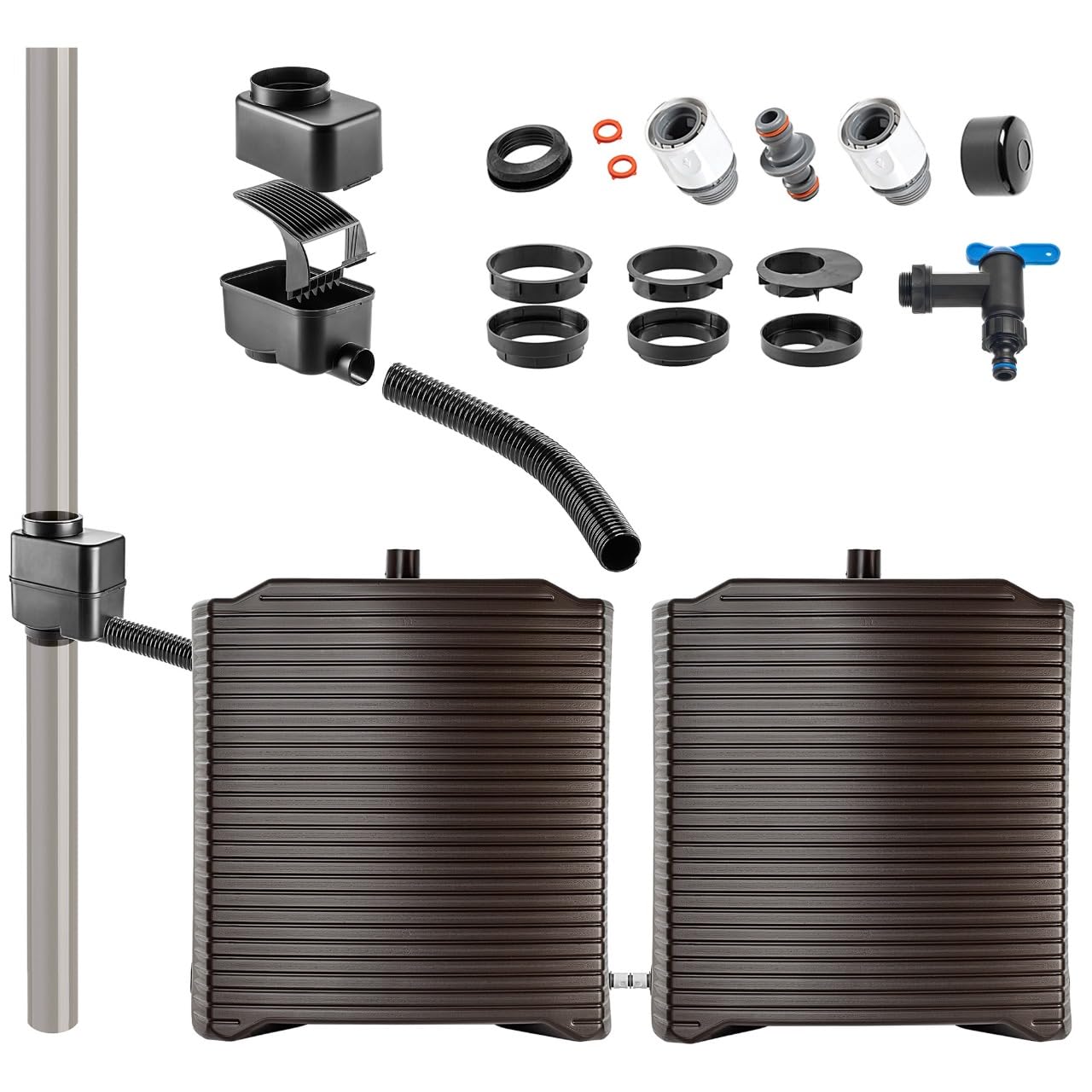 KADAX 2X Regentonne 125 Liter mit Regensammler, Auslaufhahn & Anschlussset B, modularer Regenwassertonne aus robustem Kunststoff, großer Regenwassertank für Garten (Mokka)