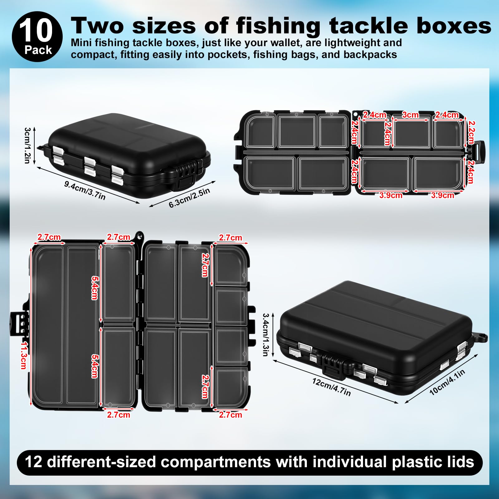 Paquete de 10 cajas pequeñas de aparejos organizadores para pesca, mini caja de aparejos de bolsillo portátil de doble cara para anzuelos, cebos, cebos giratorios, jigs, cajas de