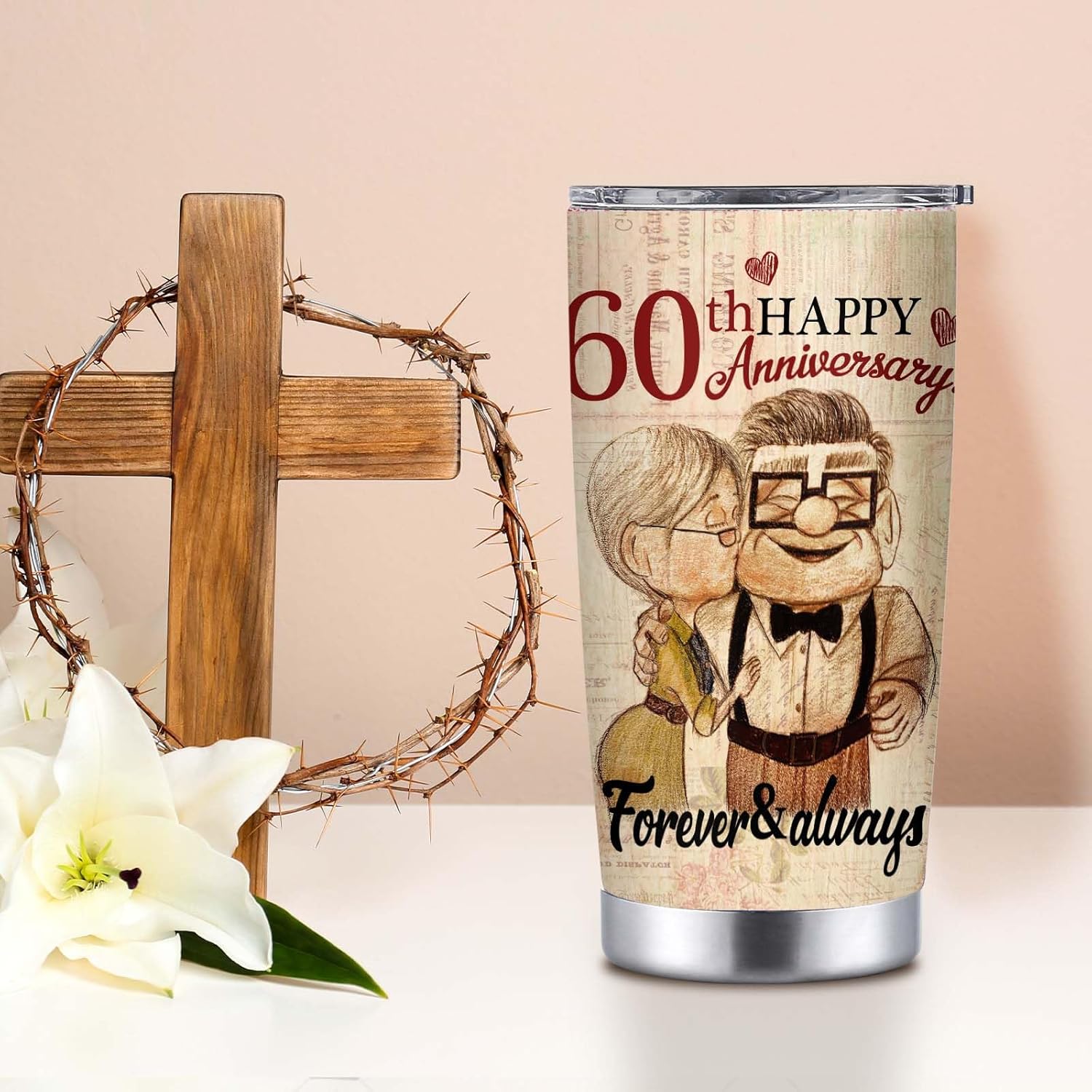 kwsnatel 60th Anniversary Tumbler Gifts, 60th Anniversary Wedding Gift for Couple Parents Friends, 60 years Diamond Anniversary Tumbler Gift for Him or Her, 20oz Insulated Cup Present (1 PC) - Image 3