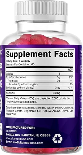 Miniatura 8 de Vitamatic Melatonina sin azúcar, 30 mg por gomita, 60 porciones, 60 gomitas vegetarianas, suplemento que no forma hábito (60 unidades (paquete de 3))