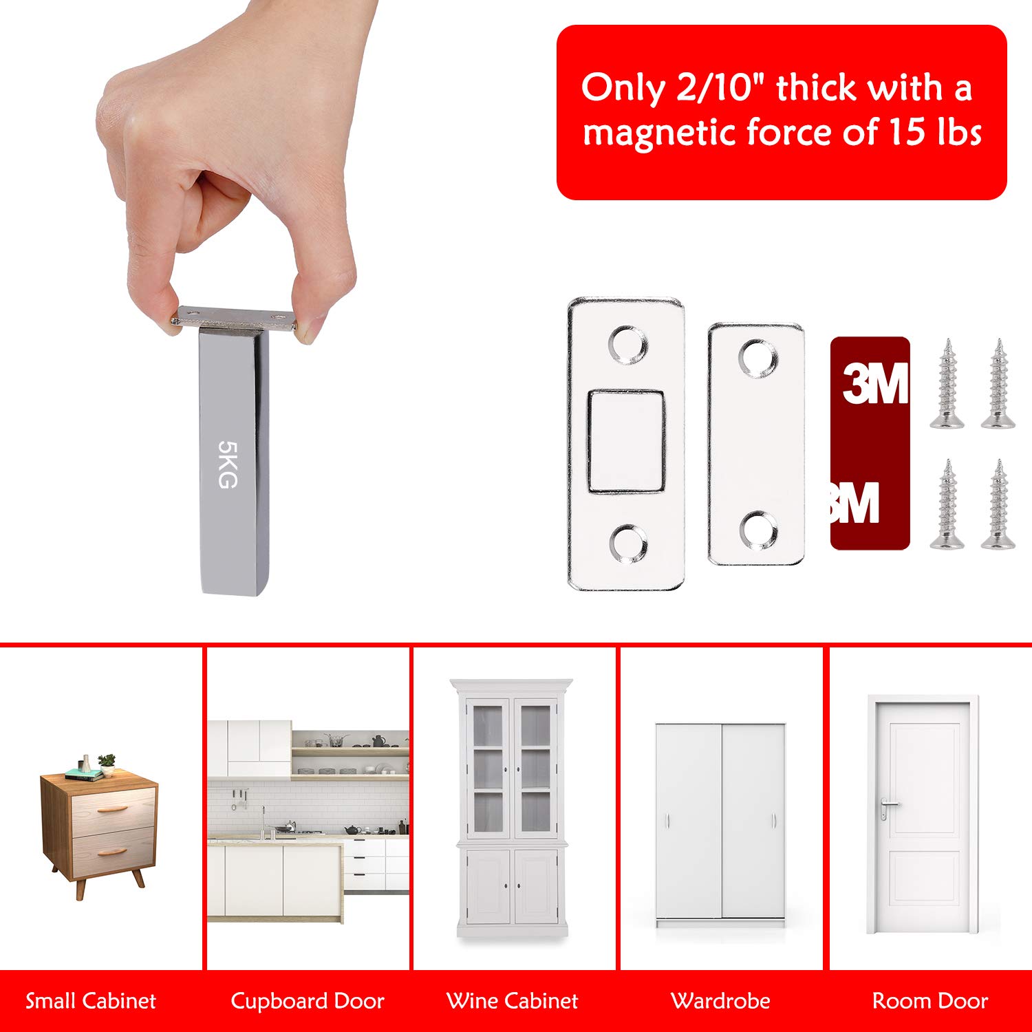Calamita Porta, 8 Pezzi calamite magnetiche ultra sottili, Adesivo Potente Magnete Chiusura con Viti per Ante Mobili Cassetti Chiudiporta Armadio Cucina