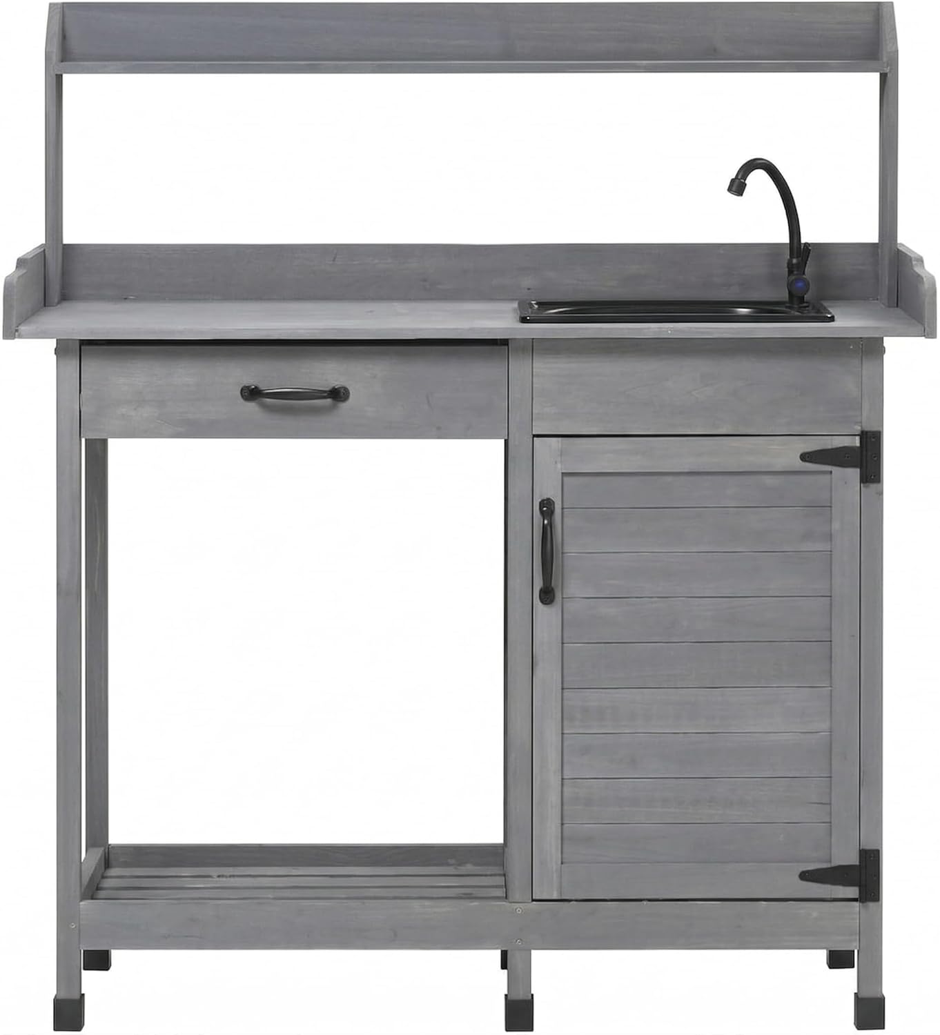 Outdoor Potting Bench with Removable Sink and Faucet, Garden Tool Organizer Work Bench for Backyard, Solid Wood Potting Table with Storage Cabinet, Drawer & Hooks, Garden Furniture for Planting