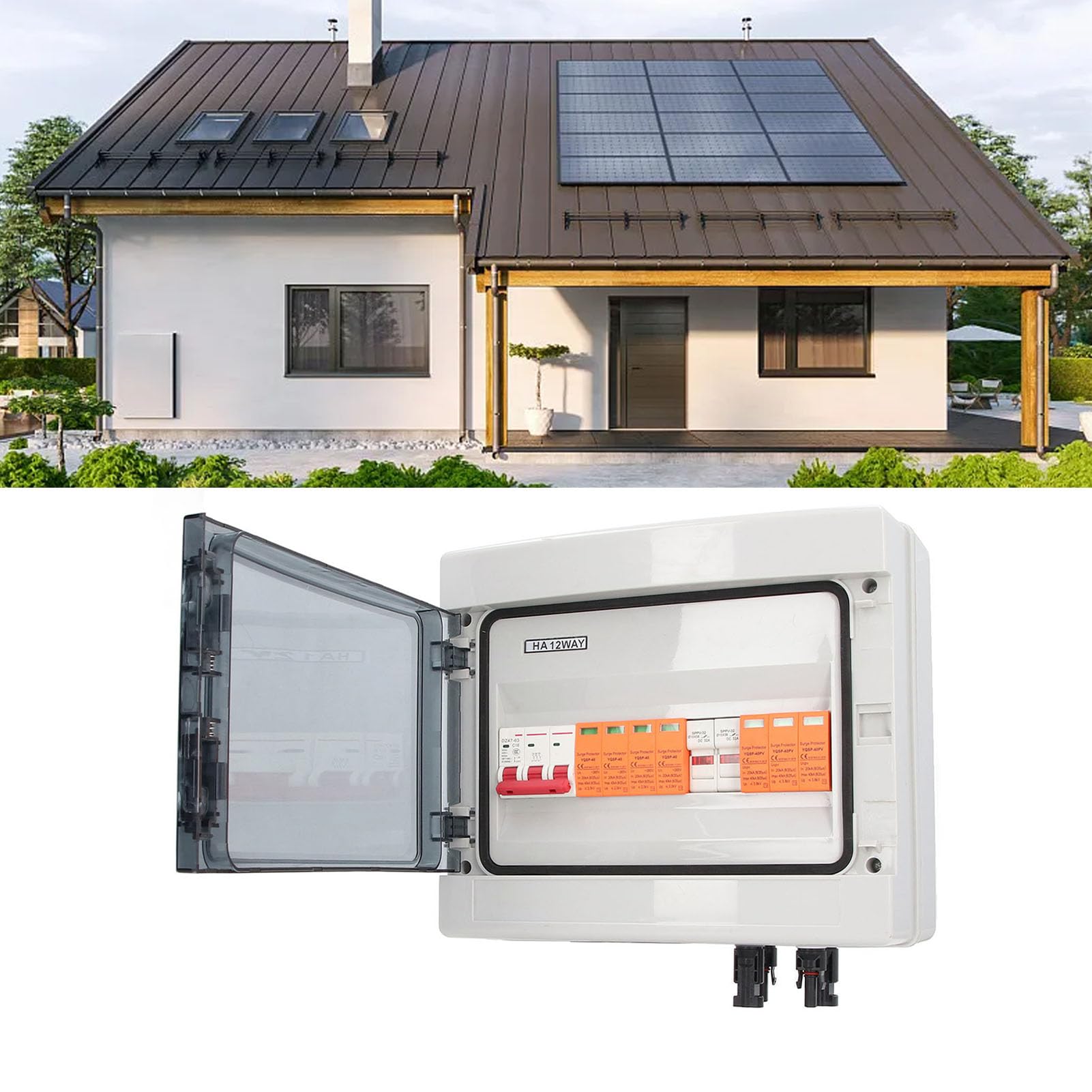 Jeanoko PV Solar Combiner Box IP65 Wodoodporny 2-żyłowy Odgromnik Do Paneli Słonecznych Do Użytku z Wyłącznikiem 15A Do Systemów Wytwarzania Energii w Sieci/Poza Siecią (DC1000V)
