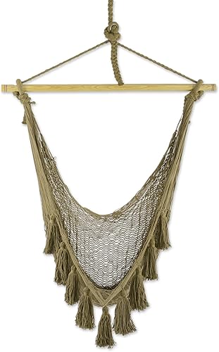 NOVICA Hamaca artesanal de algodón hecha a mano con borlas maya de México, decoración tropical sólida, asiento de océano en verde oliva (individual)