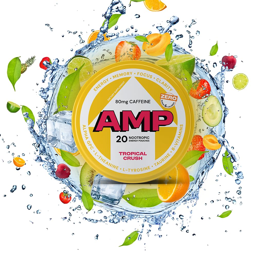 Energy Pouches Tropical Crush 20 Pouches per Can 1 Pack - 80mg Caffeine & Nootropic Blend - Zero Sugar, Nicotine-Free - Enhances Focus, Memory & Performance