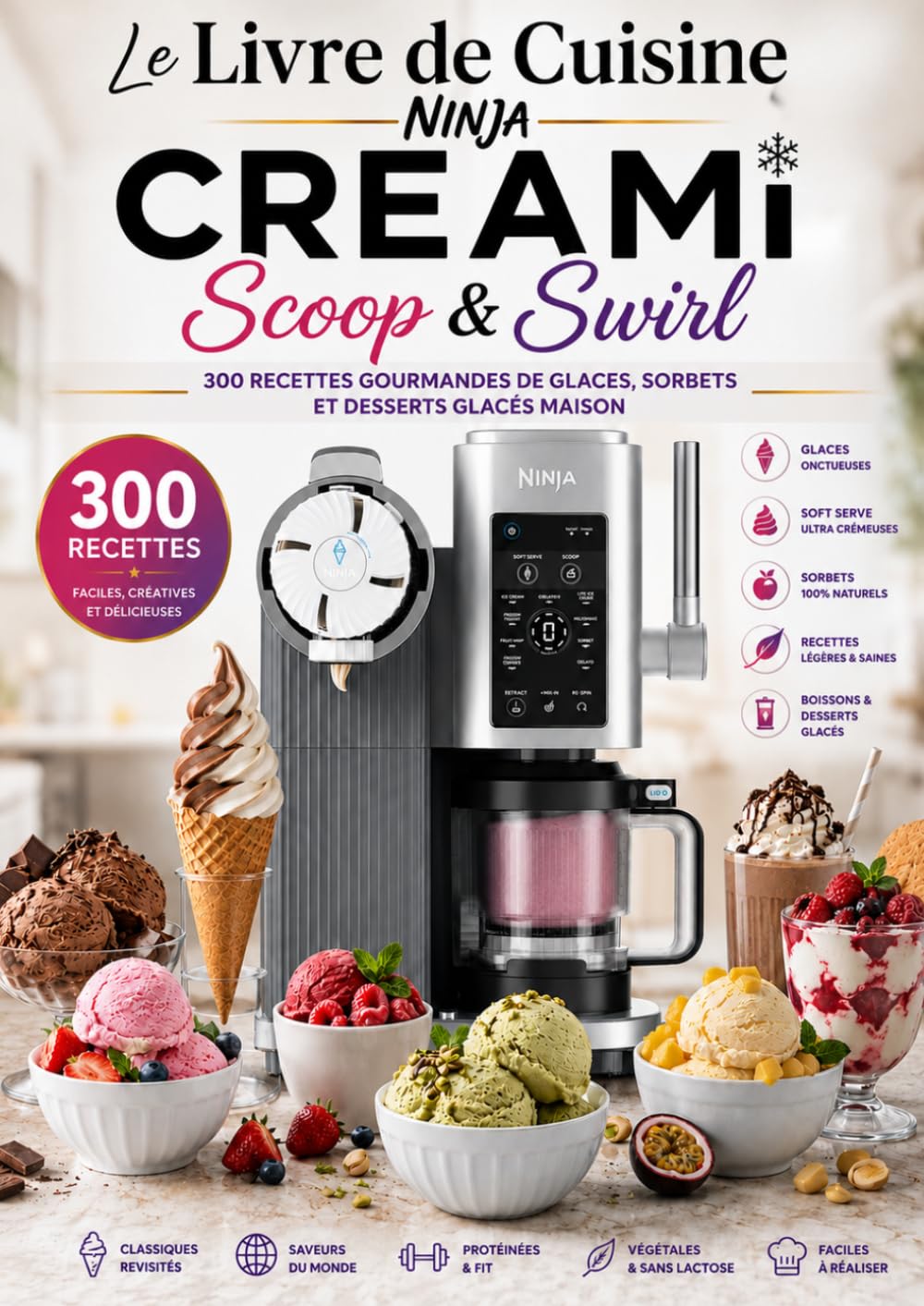 Le Livre de Cuisine Ninja CREAMi Scoop & Swirl 300 Recettes Gourmandes de Glaces, Sorbets et Desserts Glacés Maison