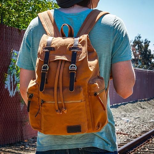 Miniatura 7 de GEARONIC 21L Vintage Canvas Backpack Leather Rucksack Knapsack 15inch Laptop Tote Satchel School Shoulder Hiking Bag Brown, Coffee, Gray, Khaki,