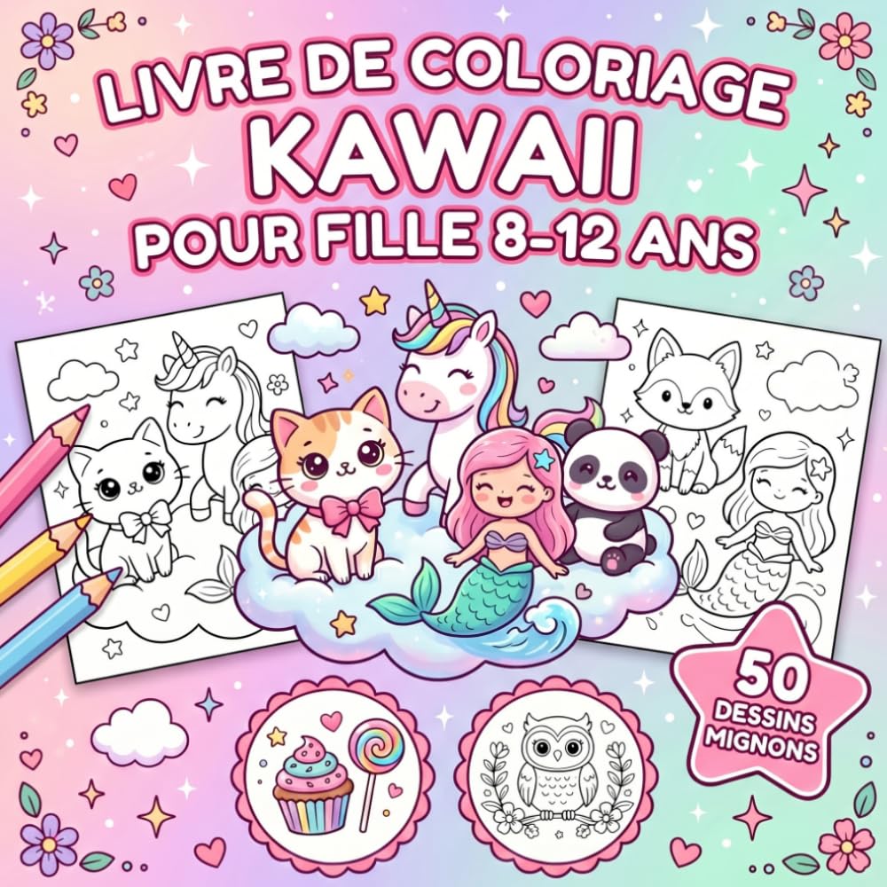 Livre de Coloriage Kawaii pour Fille 8-12 Ans: 50 Dessins Mignons à Colorier, Animaux Adorables, Licornes, Sirènes - Activité Créative Anti-Stress pour Préados et Adolescentes (Coloriage Anti-Stress)