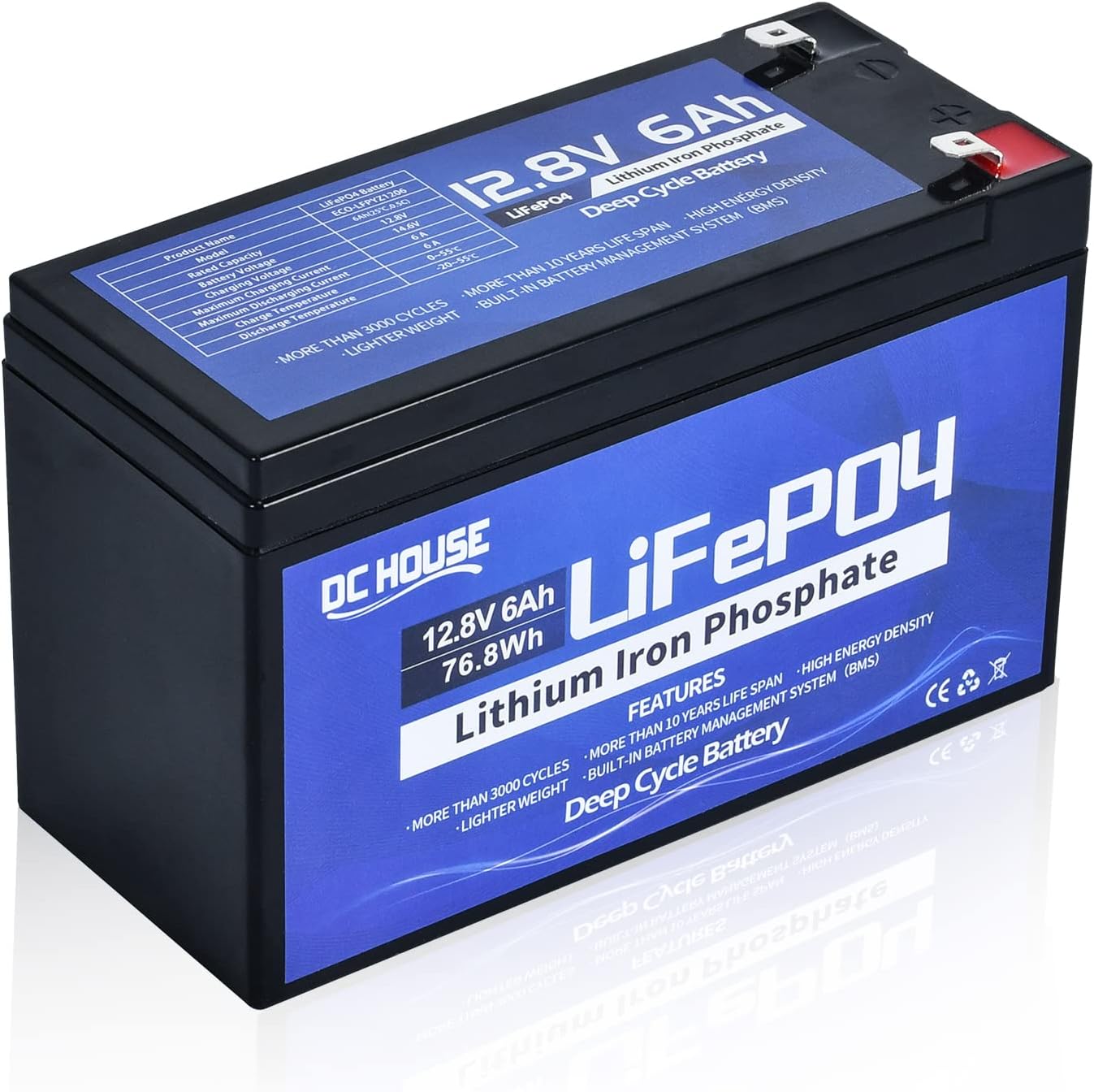 DC HOUSE 12V 6Ah Lithium Battery, Rechargeable LiFePO4 Battery with 3000+ Times Deep Cycles and BMS Protection for Fish Finder, Light