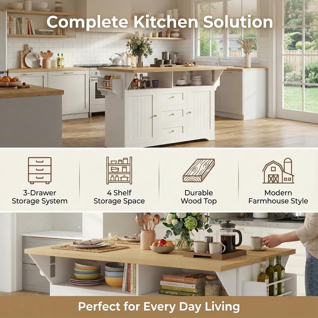 3-in-1 Foldable Kitchen Island on Wheels with Drop Leaf, Sideboard Cabinet & Folding Dining Table — Kitchen Island with extendable Table, 3 Storage Drawers, Towel Rack & Spice Rack, White