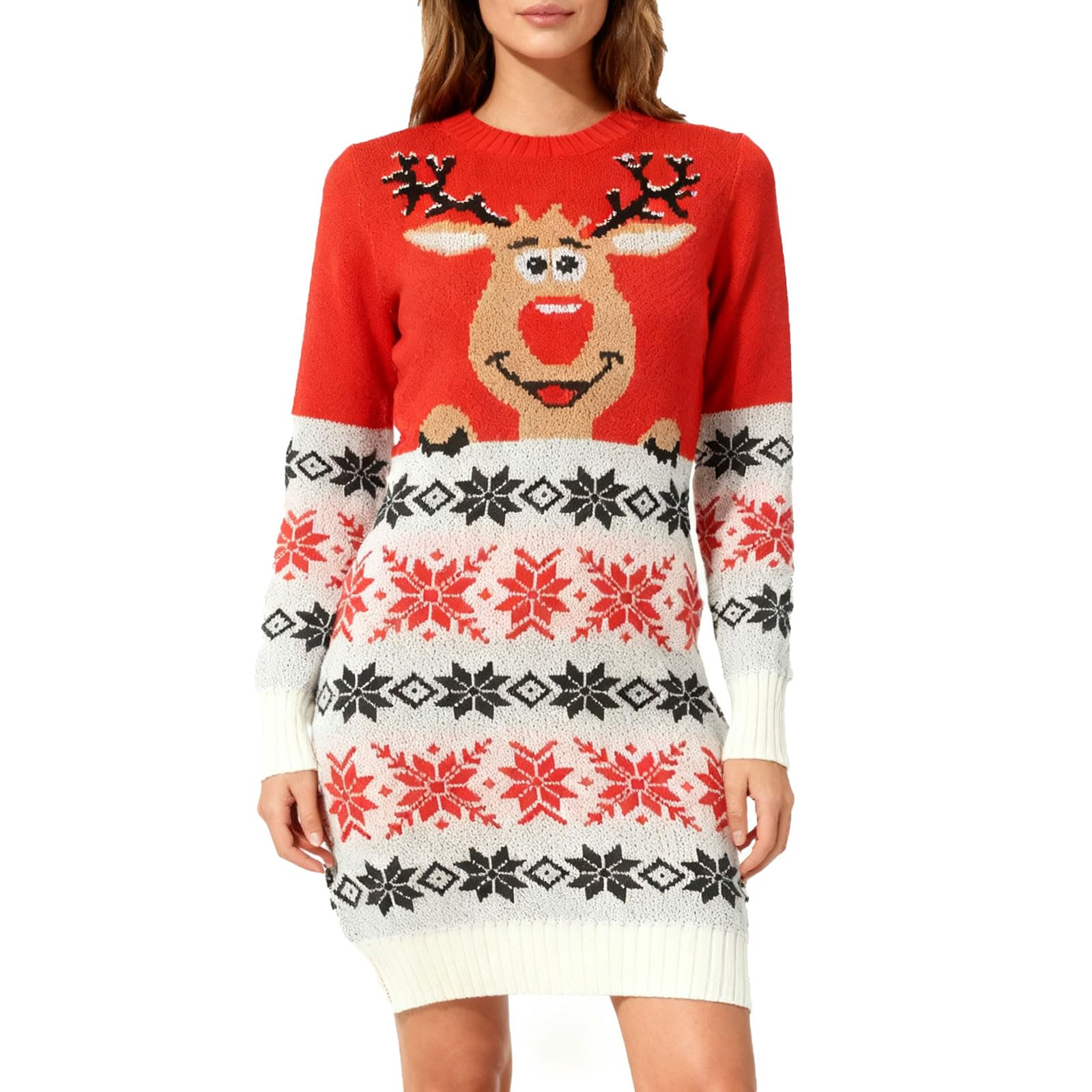 Womens Reindeer Christmas Sweater Dress Red and Black Snowflake Pattern Long Sleeve Knit Holiday Dress