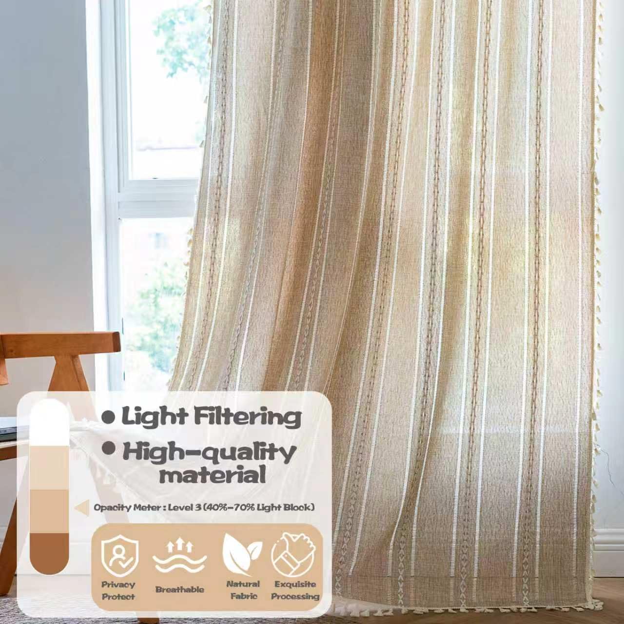 Sutuo Home Natural Boho Curtains 96 Inches Long for Bedroom Living Room, Privacy French Country Farmhouse Vintage Chic Tassels Hollow Window Treatment Bohemian Drape, 1 Panel 52" W x 96" L
