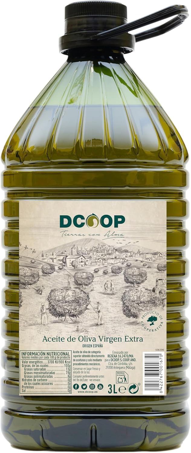 DCOOP Aceite de Oliva Virgen Extra - Ideal Para Cocinar, Botella PET Conserva las Propiedades del Producto, Cooperativas, Pack 3 x 3 Litros