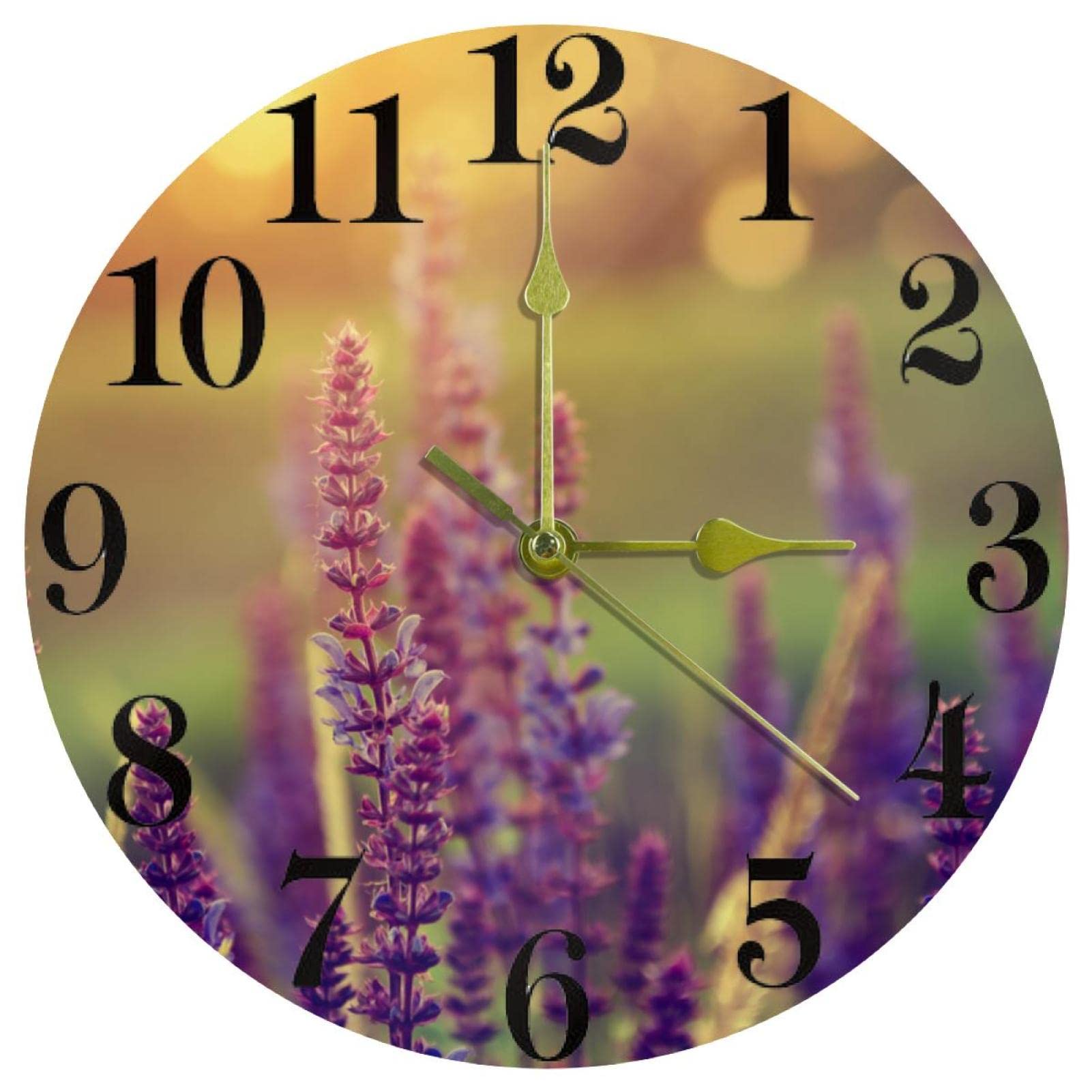 Horloge murale silencieuse à quartz 25 cm avec motif fleurs violettes