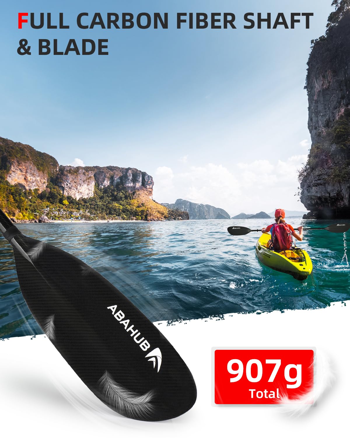 Abahub 2teilig Kajak Paddel Vollcarbon verstellbar 220cm bis 230cm Doppelpaddel mit Paddelleine für Kajakfahren Ruderboot, Carbonschaft Vollkohlefaser Paddelblatt