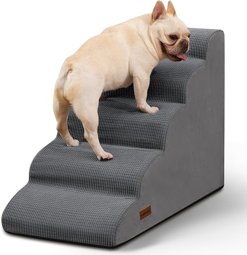 Aodisman Dog Stairs for High Bed,5-Step Pet Ramp for Small Dogs and Cats | 22.2" H Dog Steps for Bed with High-Density Foam, Help Olders,Short-Legged Dogs,Puppy and Cats Get on Beds Easily,Grey,Grey