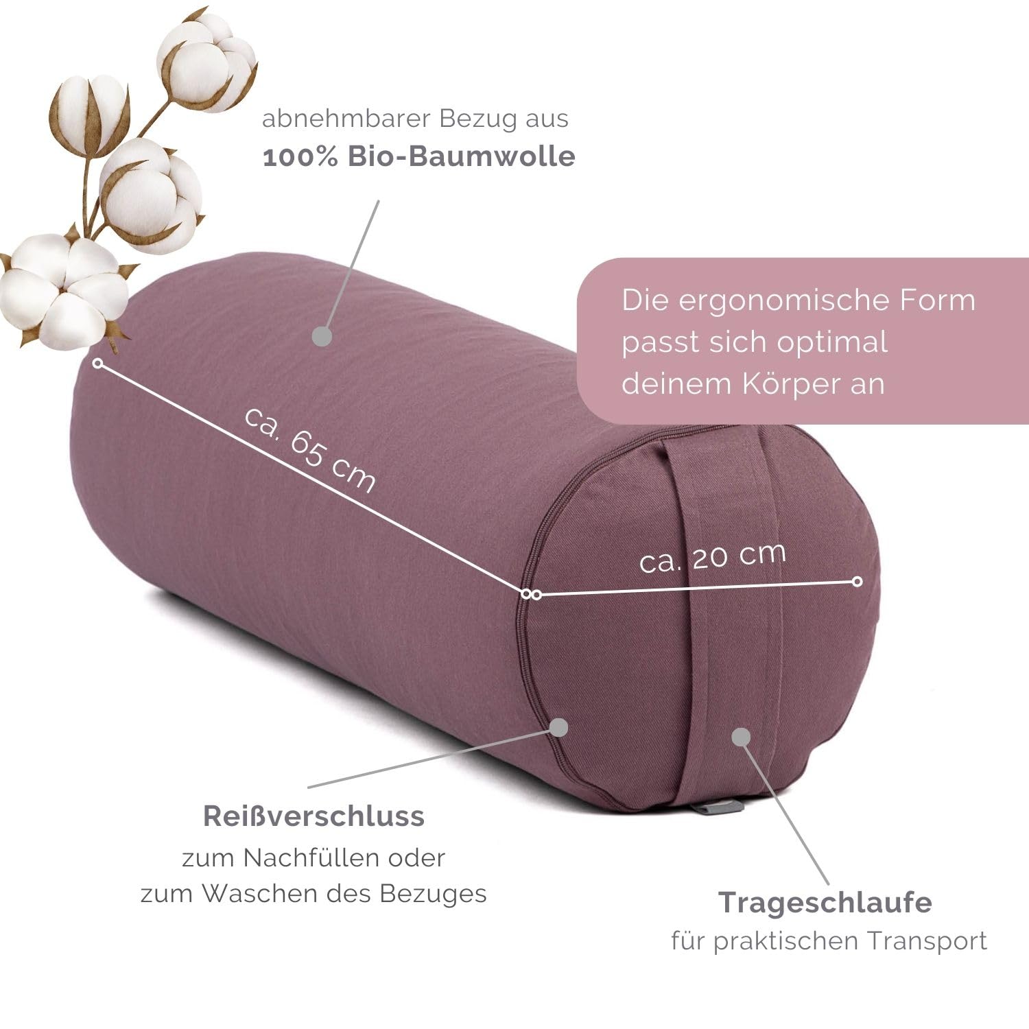 Bodhi | Yoga Bolster ECO | 100% Bio-Baumwolle | Yogarolle mit Bio Dinkelfüllung | Waschbar | Yogakissen rund für Restoratives Yoga Übungen | Groß 65 x 20 cm