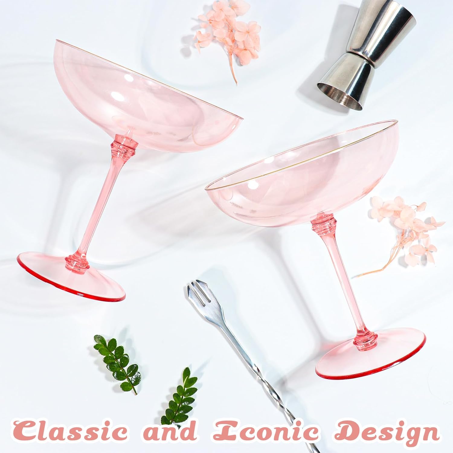 Detachable Martini Glasses 9oz Plastic Pink Champagne Coupe Glasses Gold Rim Hand Blown Vintage Cocktail Glassware Set Unique Martini Glass For Wine Wedding (24, Clear Pink) - Image 6