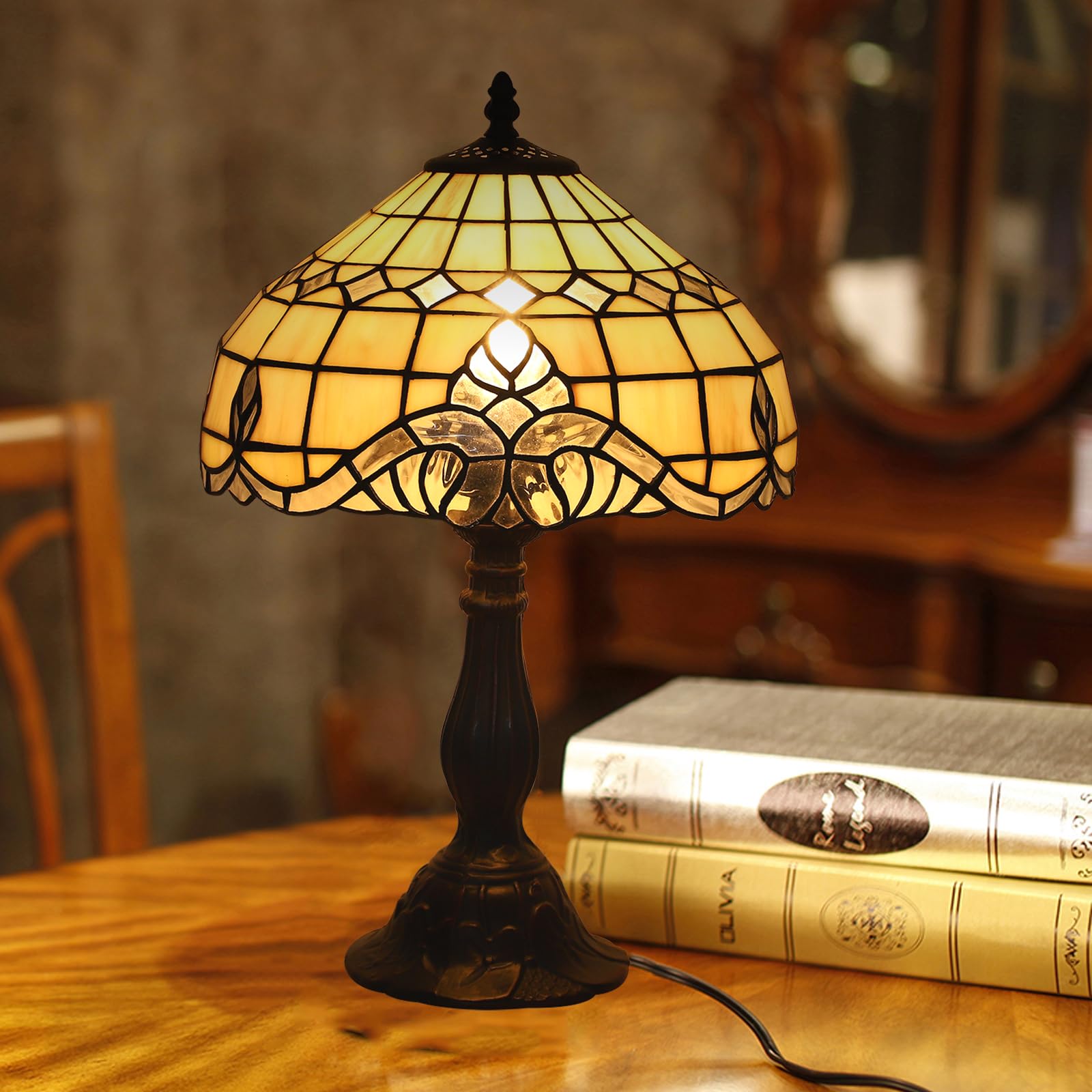 Lampada in stile Tiffany, 12 pollici Lampada da comodino notte a paralume fatto a mano in vetro colorato, Lampada da tavolo, per Soggiorno Camera da letto Tavolino da caffè