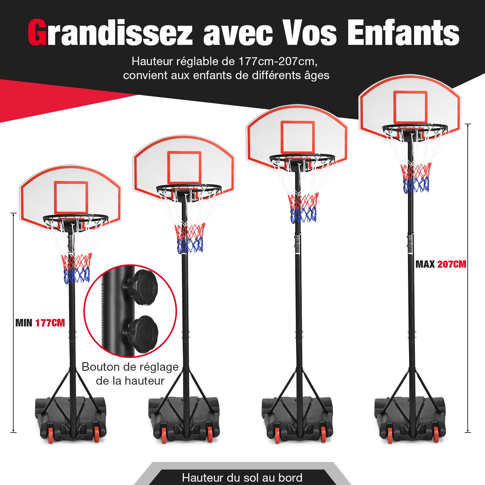 GYMAX Panier de Basket-Ball Extérieur pour Enfants, Hauteur Réglable 178-208cm, 2 Filets Inclus, Mobile avec Roues, Base Remplissable d'eau 25kg ou Sable 30kg