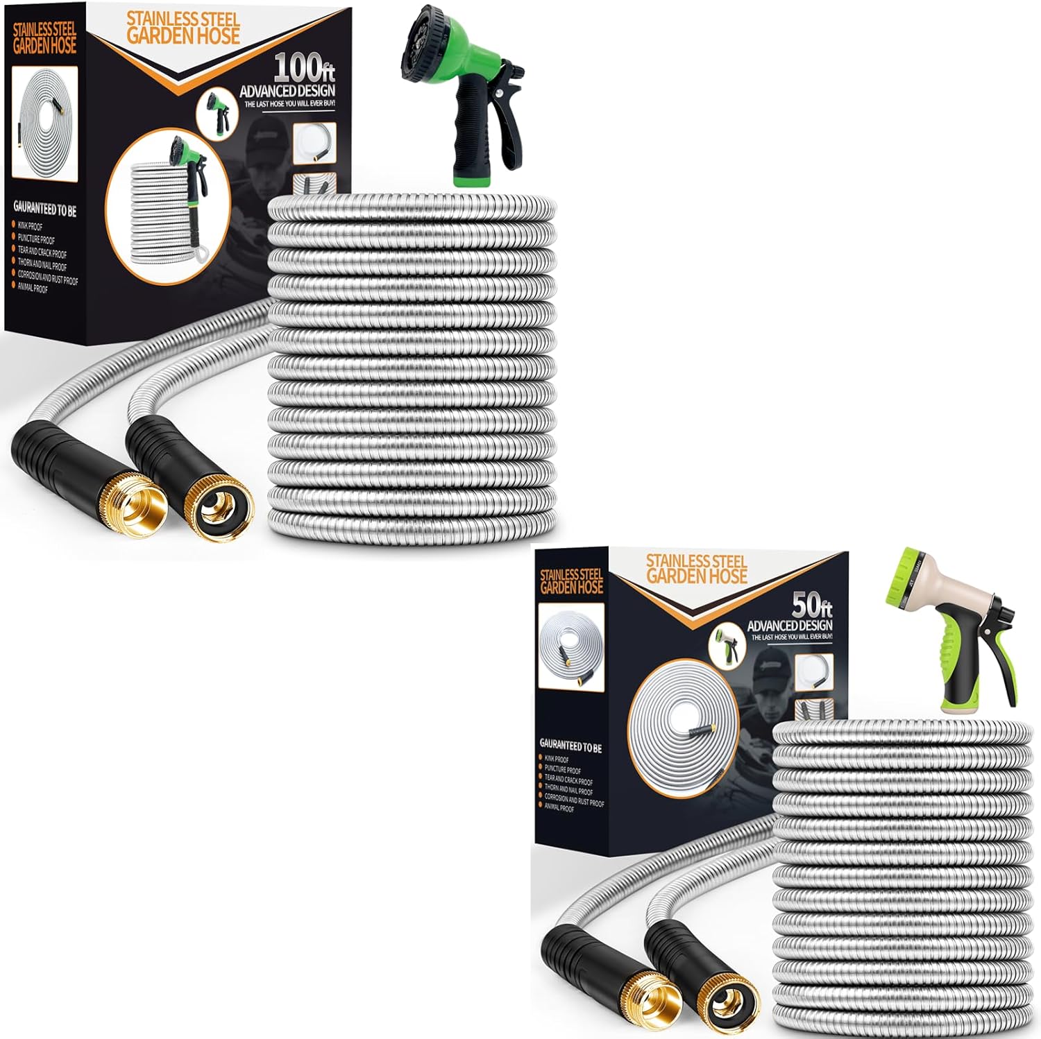 50ft+100ft Metal Garden Hose, Stainless Steel Heavy Duty Water Hose with 10 Function Nozzle Flexible, Lightweight, Kink Free & Tangle Free, Pet Proof, Puncture Proof Hose for Yard, Outdoor