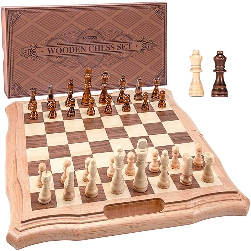 AMEROUS Juego de ajedrez magnético de madera de 15.6 pulgadas, juegos de mesa de ajedrez de estilo portátil con ranuras de almacenamiento de piezas