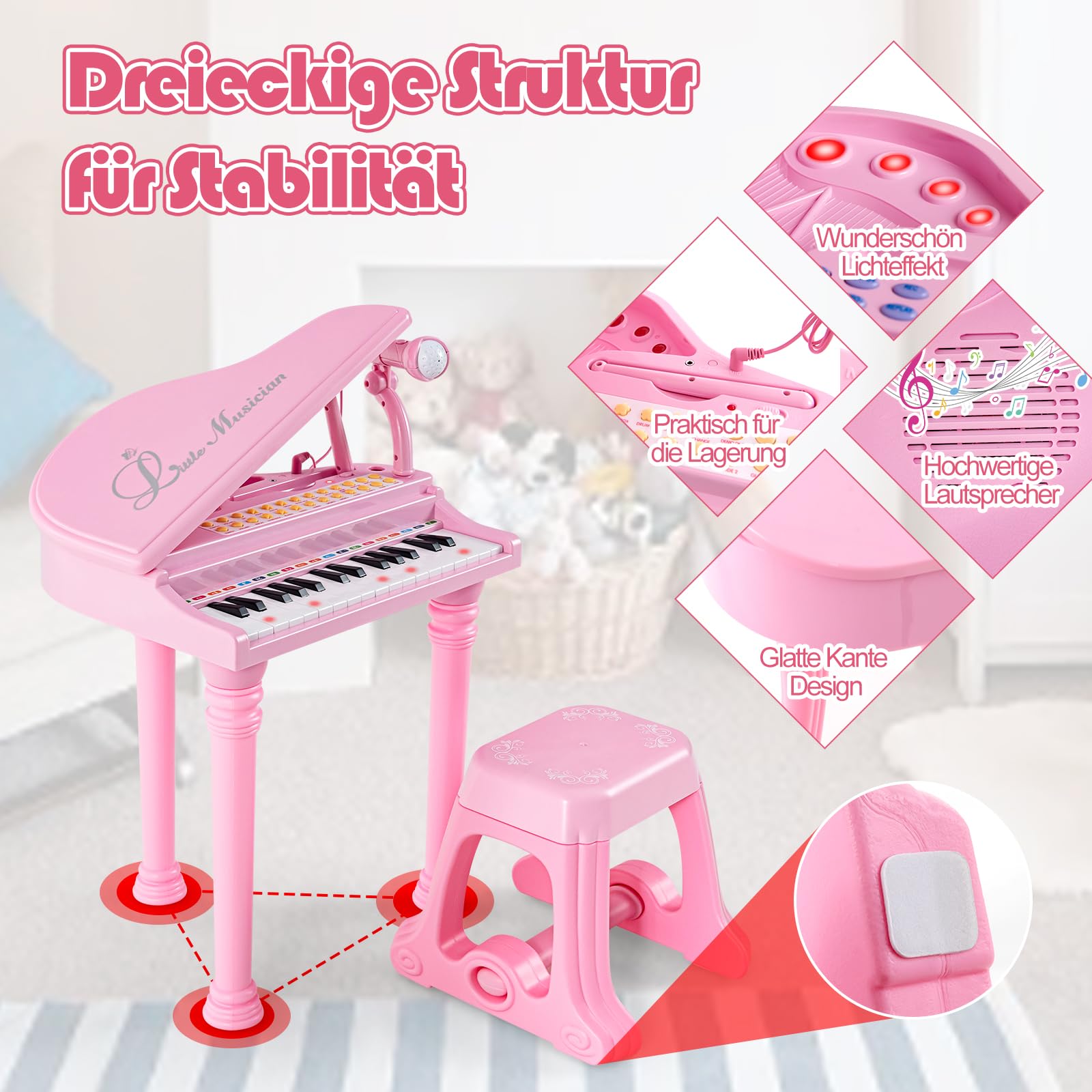 GOPLUS 31 Tasten Kinder Keyboard mit Hocker, Klaviertastatur mit Mikrofon, LED-Licht & MP3-Schnittstelle, E-Piano mit 3 Lehrmodi, 22 Demos, 4 Rhythmen, Aufnahme & Wiedergabe für Kinder (Rosa)