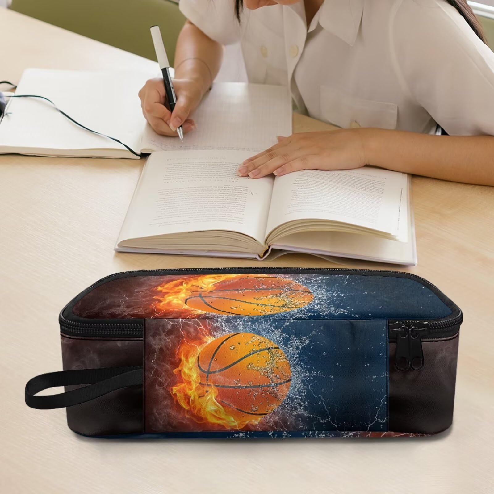 Dngkaoje Flame Water Basketball Pencil Case for Kids Pencil Box Boys Cool Basketball Pen Bag with Zipper Big Capacity Pen Pouch with Pen Slot Travel Storage Box Stationery School Supplies Office - Image 4