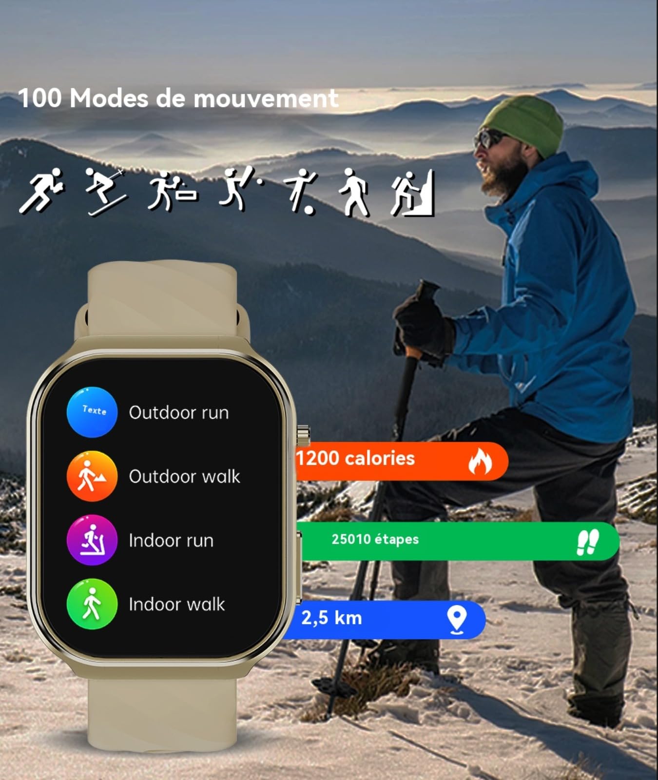 Męski smartwatch z zakrzywionym wyświetlaczem 3D 2,2 cala, połączenia Bluetooth, tętno, ciśnienie krwi, tlen krwi, sen, wodoodporny zegarek sportowy IP68