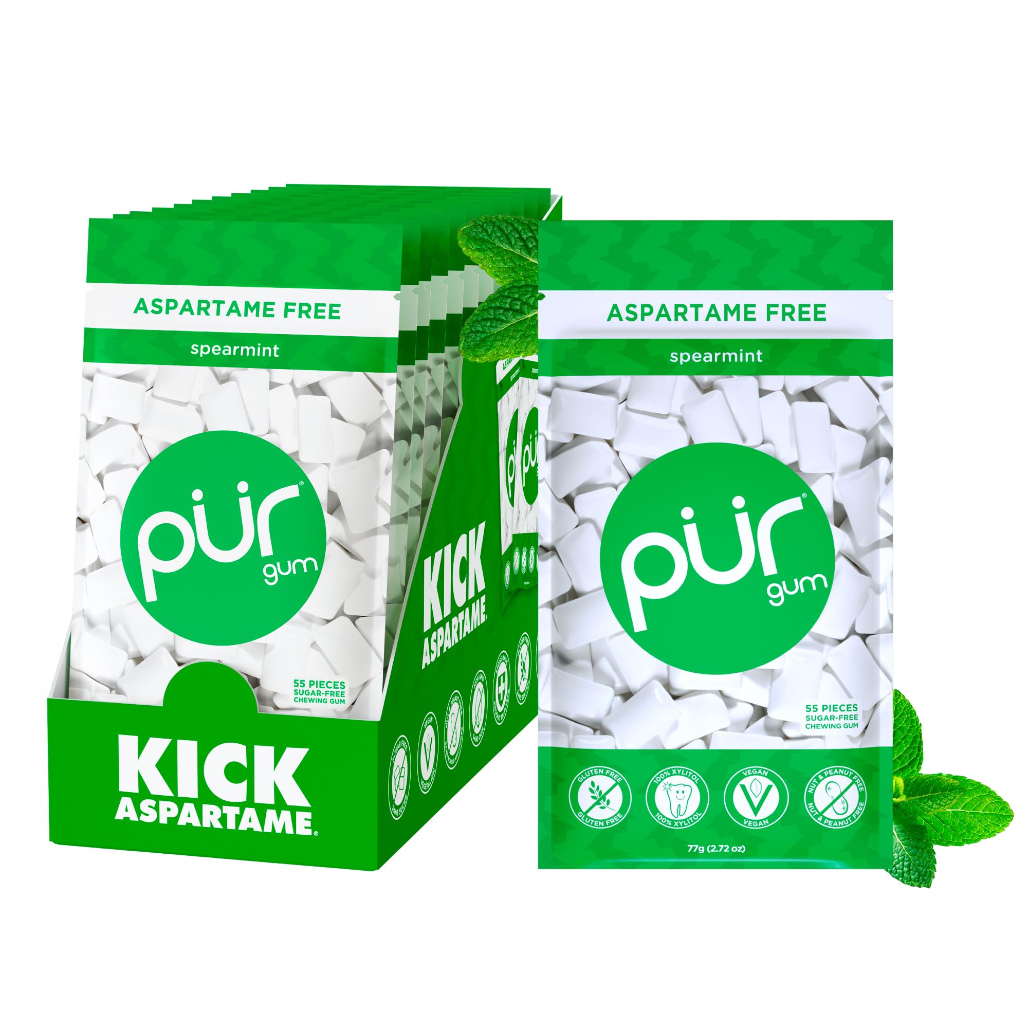 PUR Gum | Sugar Free Chewing Gum | 100% Xylitol | Vegan, Aspartame Free, Gluten Free & Diabetic Friendly | Natural Spearmint Flavoured Gum, 55 Pieces (Pack of 12)
