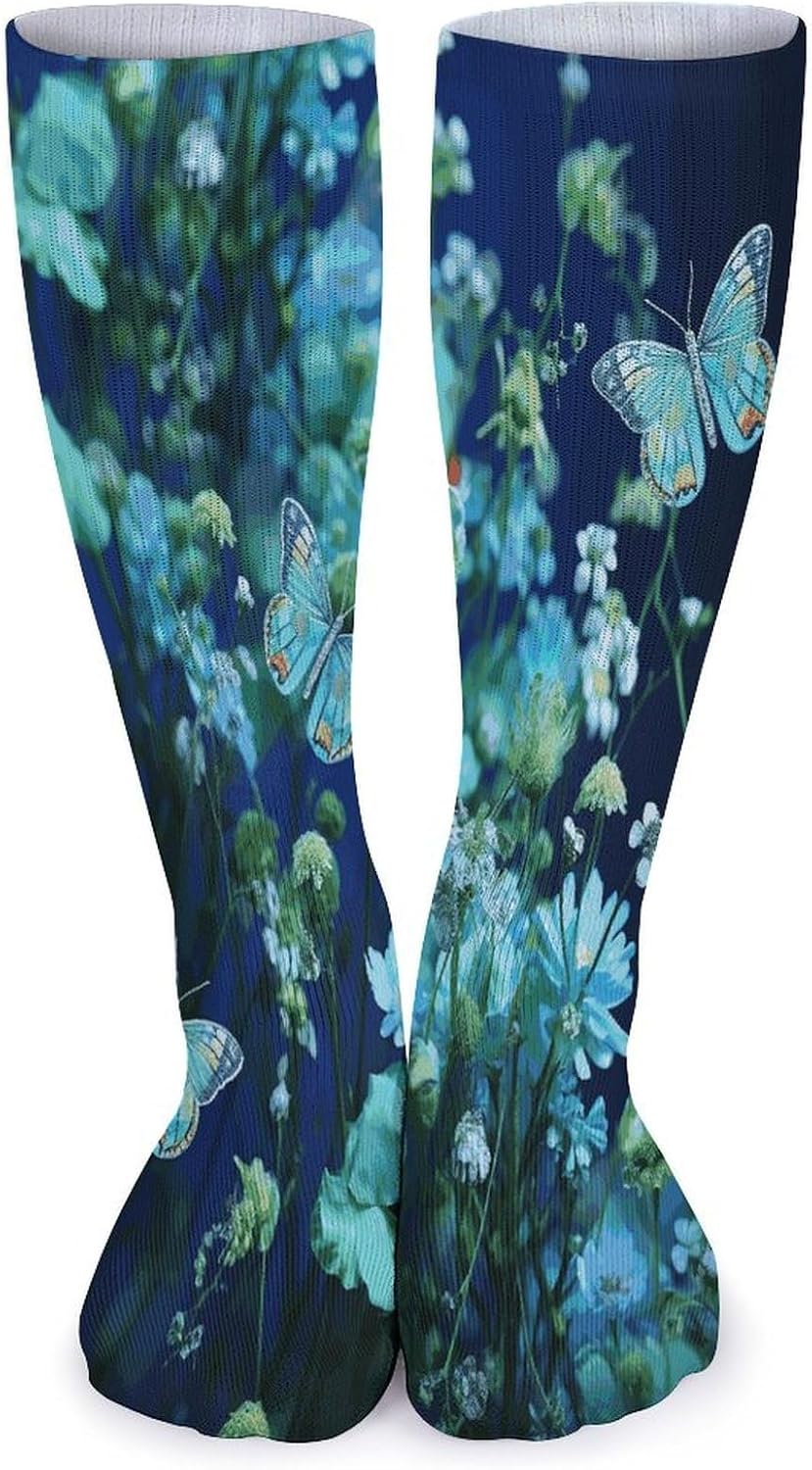 Green Butterfly And Blue Flowers Stocking - Cute Casual Long Athletic,Crew Sock for Men Women,Running Socks Soft Breathable for Gift