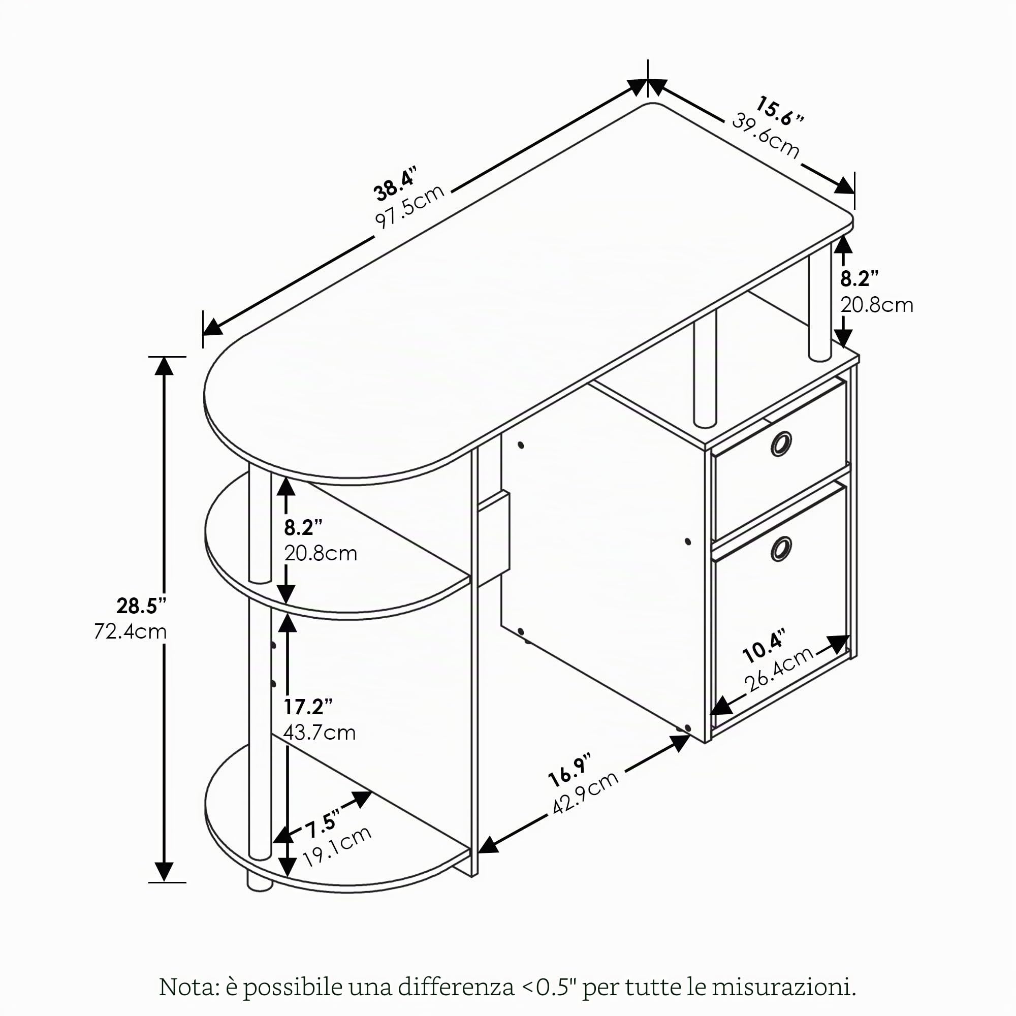 Furinno JAYA Scrivania da studio per computer semplicistica con cassetti per contenitori, Rovere Bianco, tubi in acciaio inossidabile