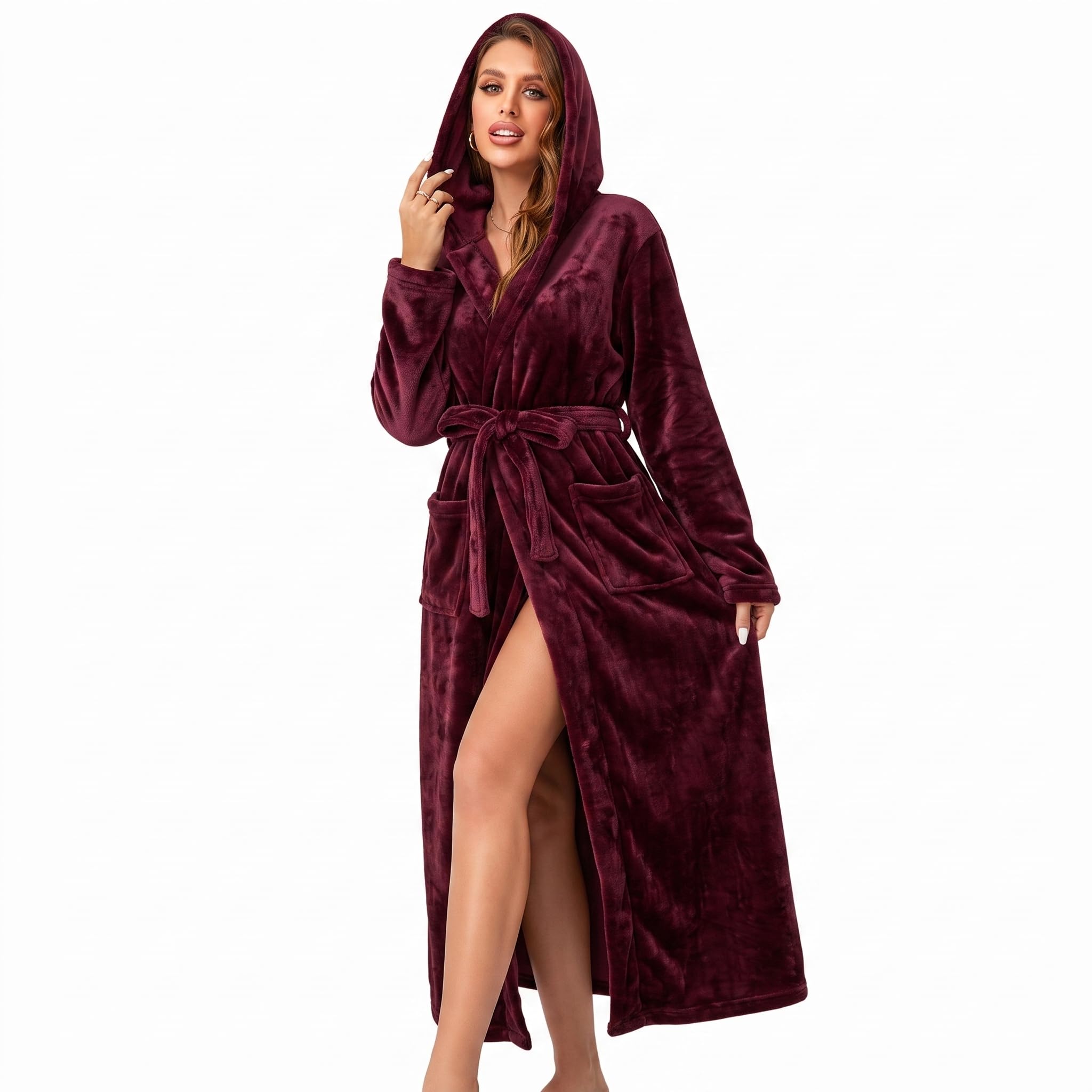 RONGTAI Langer Damen-Bademantel aus Plüsch-Fleece, dick, mit Kapuze, mit Taschen, flauschige Nachtwäsche für Herren