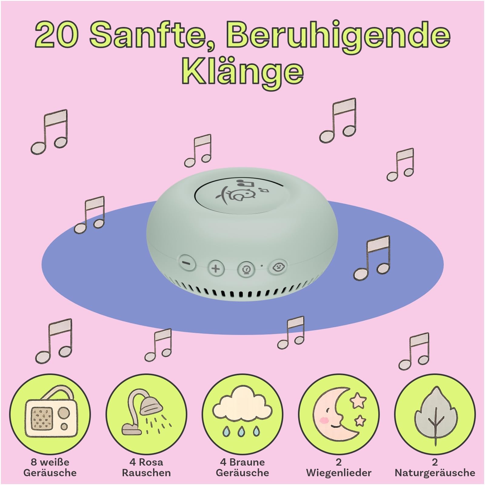 White Noise Machine Baby von MMOBIEL – mit 20 beruhigenden Klängen, Schrei-Sensor, Timer & USB-C – Tragbare Einschlafhilfe mit Weißem, Pinkem & Braunem Rauschen, Naturgeräuschen & Schlafliedern –Grün