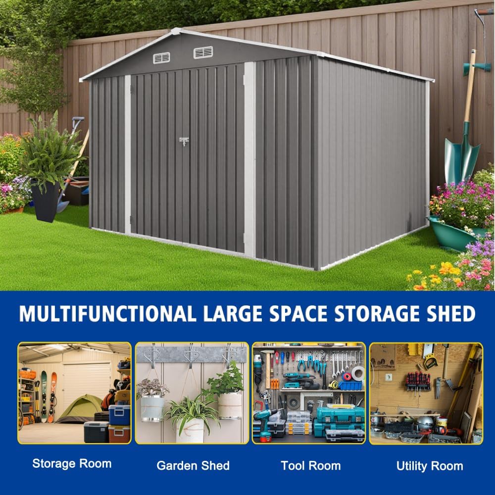 10 x 8 FT Outdoor Storage Shed, Metal Garden Shed with Lockable Door and Air Vent, Tool Storage House for Bikes, Lawn Equipment, Backyard Use, Gray