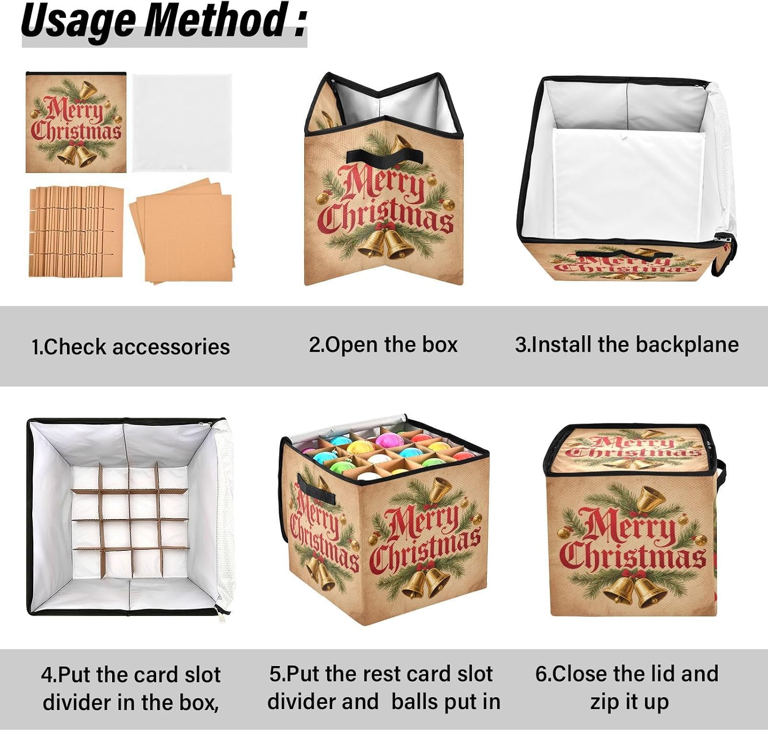 High Capacity Christmas large ornament storage Holds Up to 64, Adjustable Dividers, Zippered Top, Two Handles stackable Holiday Storage Case with Lid,Bell and Merry Christmas Text
