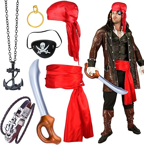 Miniatura 7 de Yewong Juego de accesorios de disfraz de capitán pirata, juego de accesorios de pirata de cola larga, medieval, renacentista, banda grande, juego de