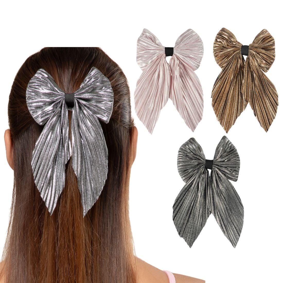 Radhu & Kabby Hair Bow For Women | Comfortable Hair Accessories | Trendy Hair Accessories | Fancy & Stylish Hairbow | Anti-Hair Breakage Hairclips | Bronze, Grey, Pink | 3 Pcs (B0CLKFVPQP) Amazon Price History, Amazon Price Tracker