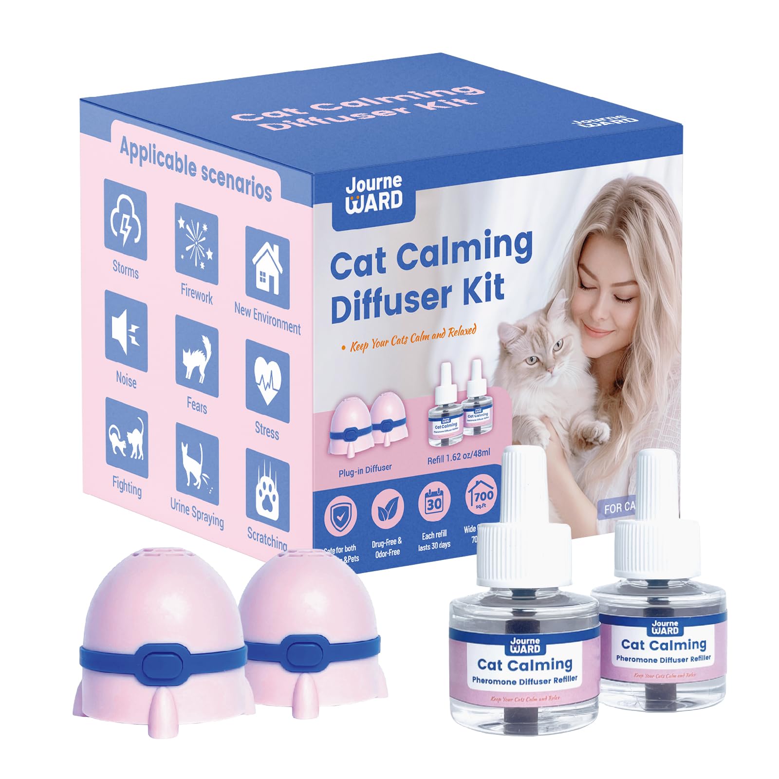 Cat Calming Diffuser – 2 Plug-in Diffusers + 2 Refills, Cat Pheromones Calming Diffuser, Pheromone Diffuser to Calm Cats, Cat Anxiety Relief, Calming Cat Diffuser