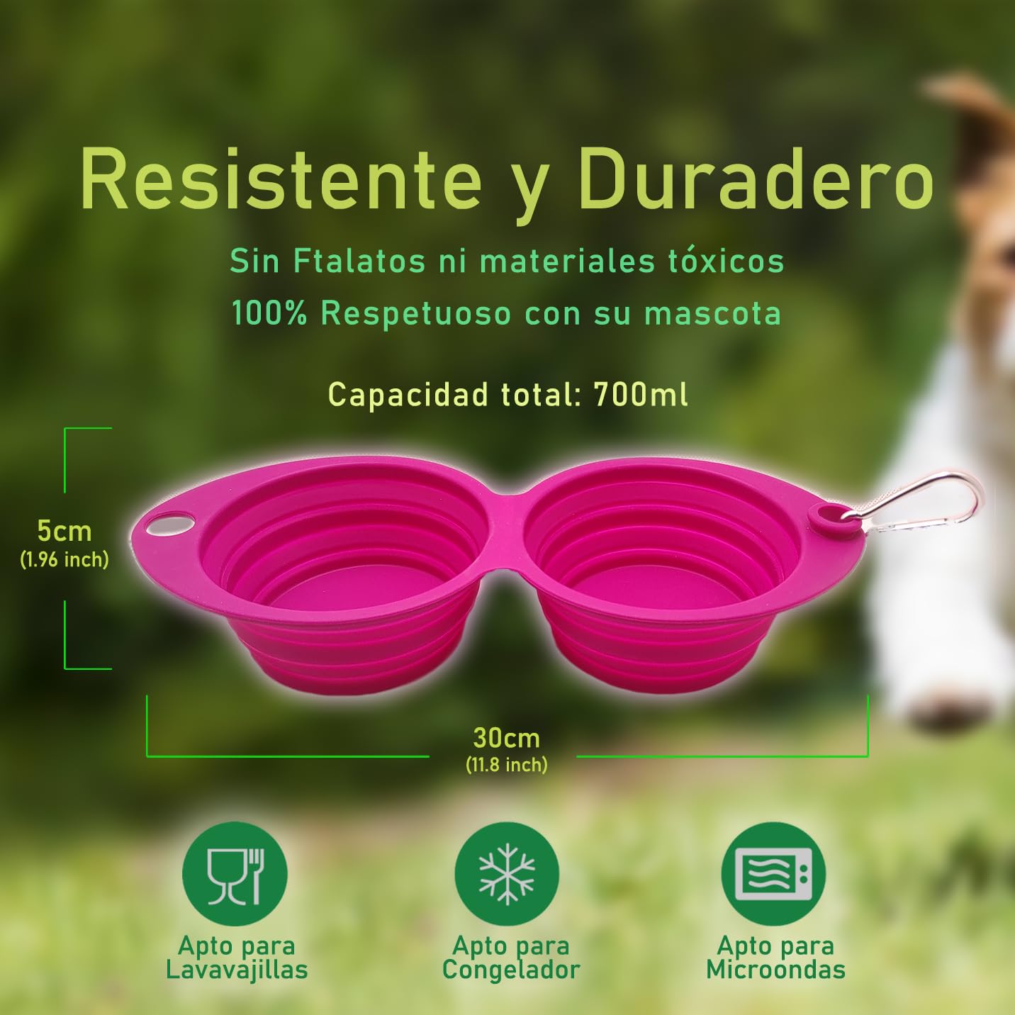 Comedero y Bebedero Plegable para Perros y Gatos - Cuenco Doble de Silicona Resistente Libre de BPA - Plato Portatil para Agua y Comida Ideal para Viaje, 700ml (Rosa Fucsia)