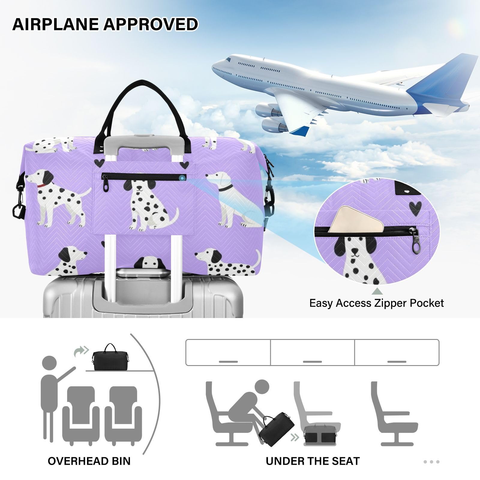 Reisetaschen-Set, große Tasche und Mini-Tasche, gesteppte Reißverschlussfächer, stabile Geschäftsreise, Dalmatiner-Violett, One Size, Klassisch