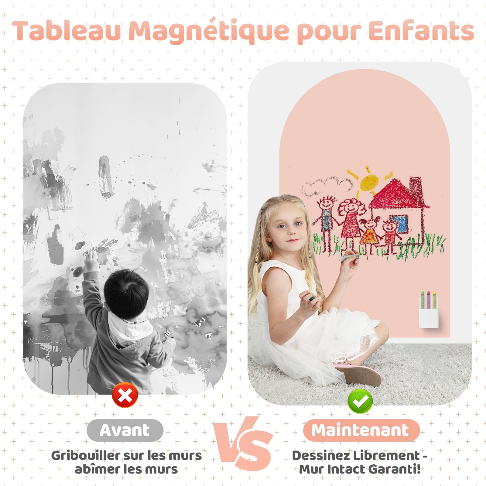 Tableau noir magnétique pour enfants, 120 x 60 cm tableau mural magnétique arqué couleur camel, incluant 12 craies, 1 chiffon de nettoyage, 6 porte-craies, 1 boîte de rangement