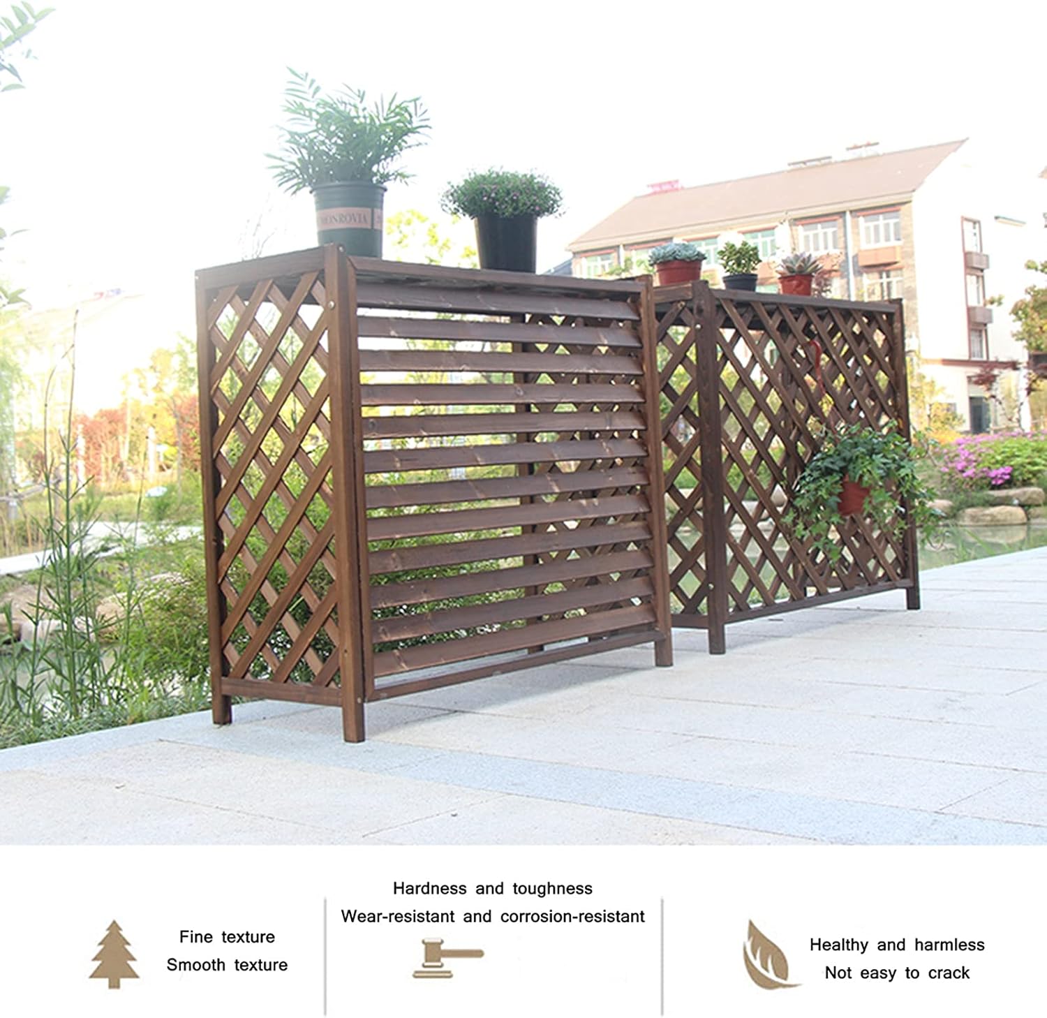 Air Conditioner Cover,Floating Shelves Outdoor Flower Stand for air Conditioner, Balcony carbonized Solid Wood air Conditioning Decorative Flower Stand Wooden Shelf, Solid Wood Flower Pot Rack
