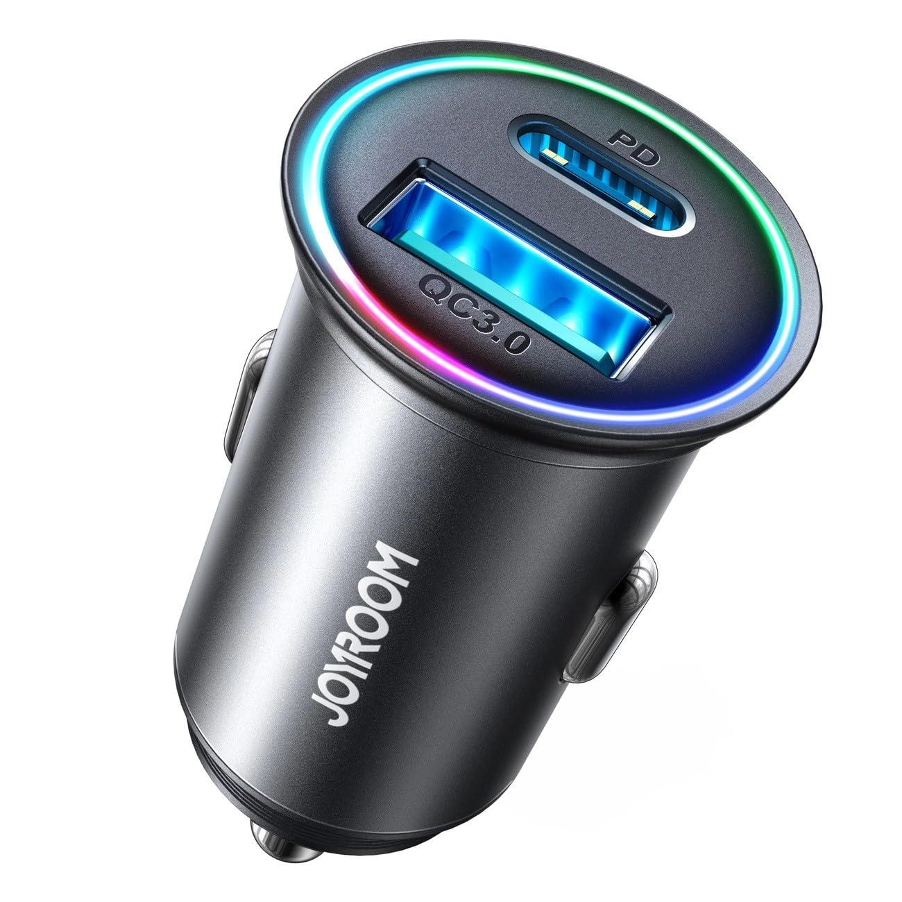Joyroom Caricabatteria da auto Mini Caricatore rapido USB-C e USB-A 60W con indicatore LED Nero